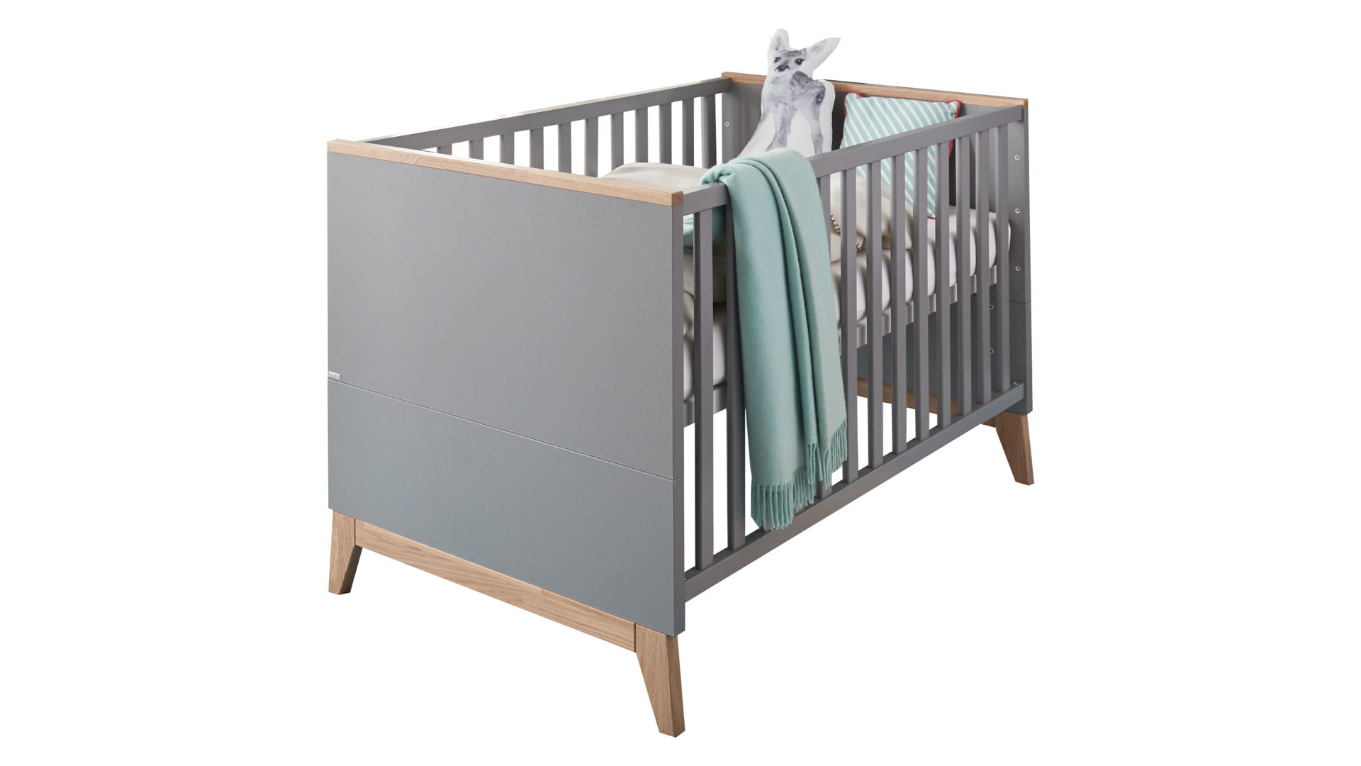 Babybett Paidi aus Holz in Grau PAIDI Babyzimmer Sten – Babybettgestell Eiche & Schiefergrau – Liegefläche ca. 70 x 140 cm