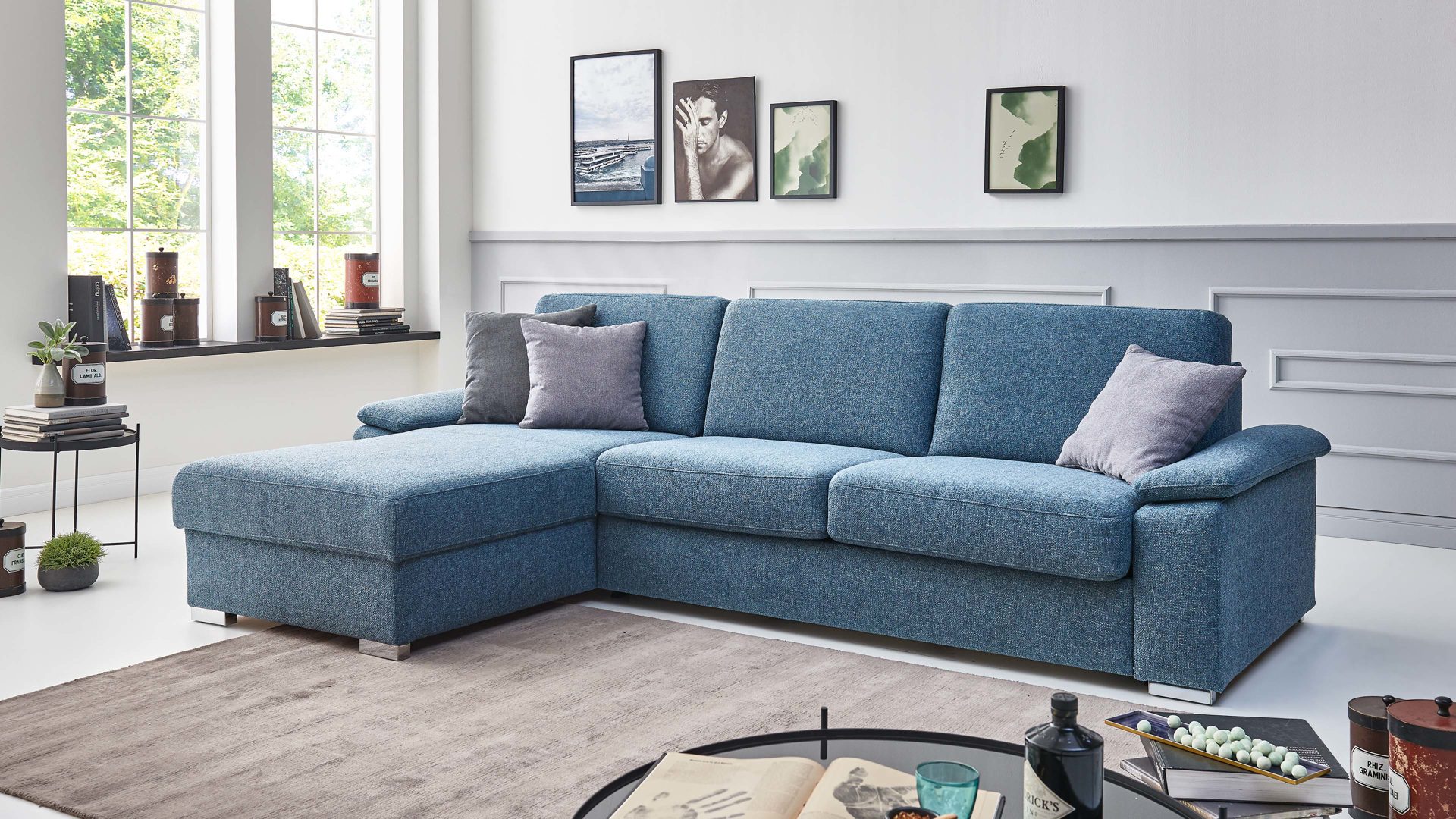 Ecksofa comfortmaster besser sitzen, liegen, leben aus Stoff in Türkis Comfortmaster Ecksofa Molto mit Faltbett-Funktion türkisfarbener Bezug 2-6846 & Chromfüße - Stellfläche ca. 306 x 176 cm