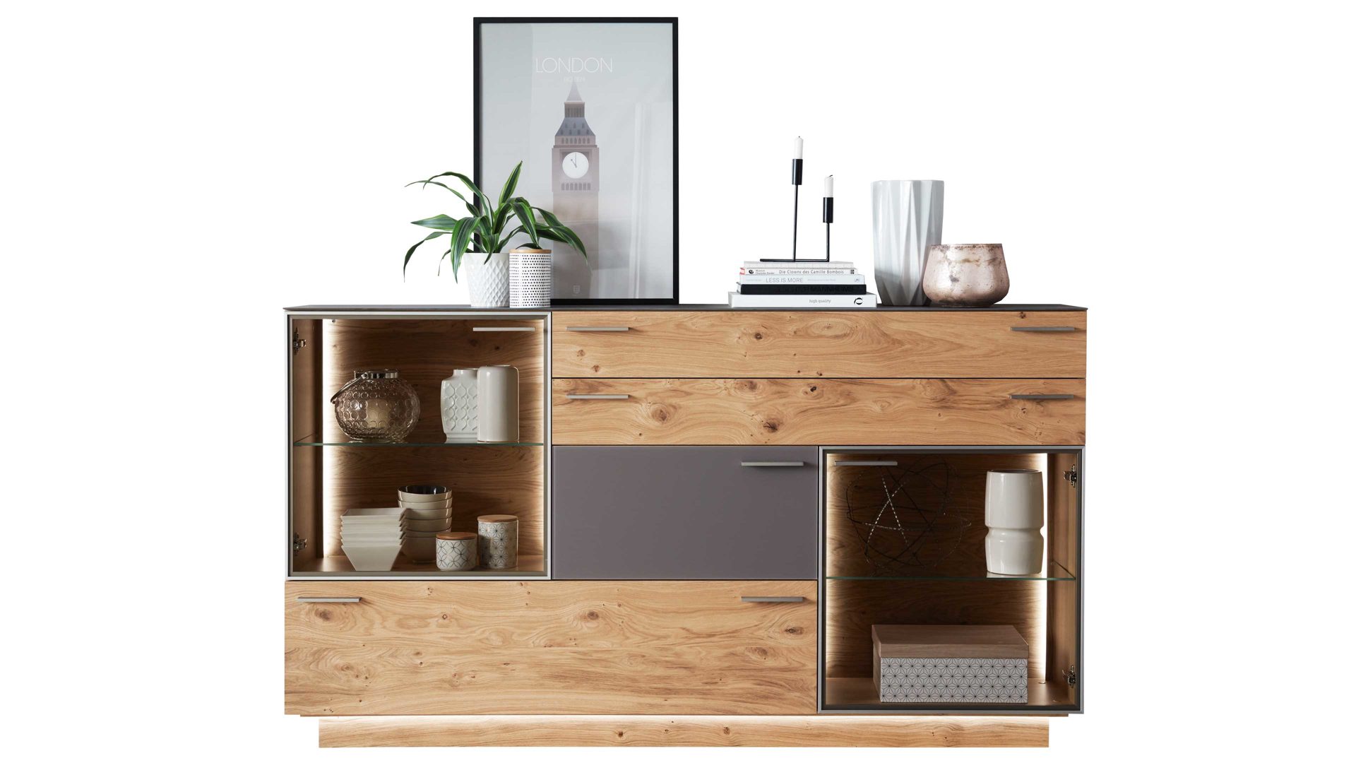 Sideboard Schröder wohnmöbel aus Holz in Braun SCHRÖDER WOHNMÖBEL Kitzalm MontaNova Classic - Sideboard terrafarbenes Satinglas & Kernasteiche – drei Türen, zwei Schubladen