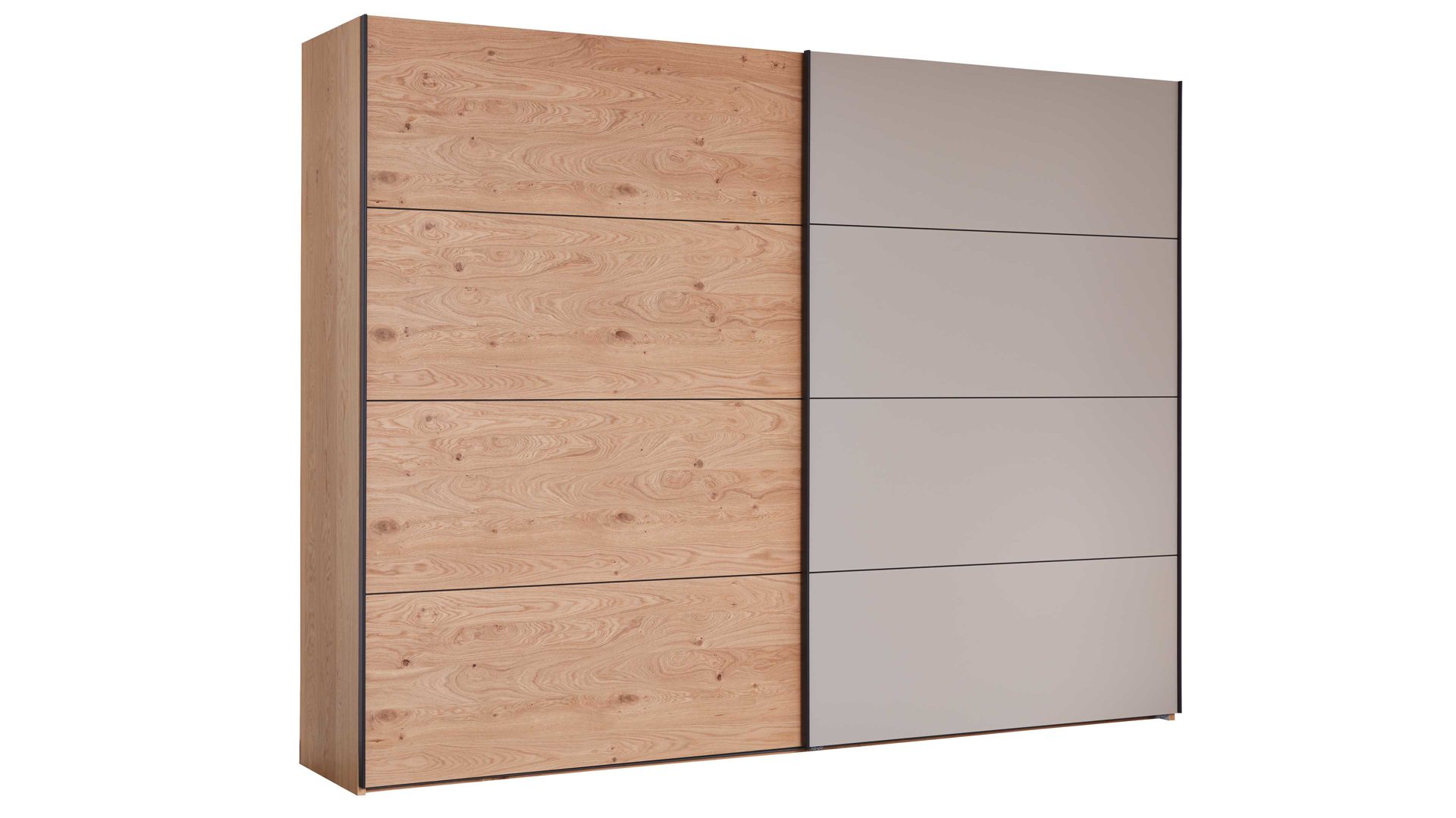 Kleiderschrank Interliving aus Holz in Grau Interliving Schlafzimmer Serie 1024 – Schwebetürenschrank 982714 Design 28,  Taupe & Balkeneiche - zwei Türen, Breite ca. 271 cm