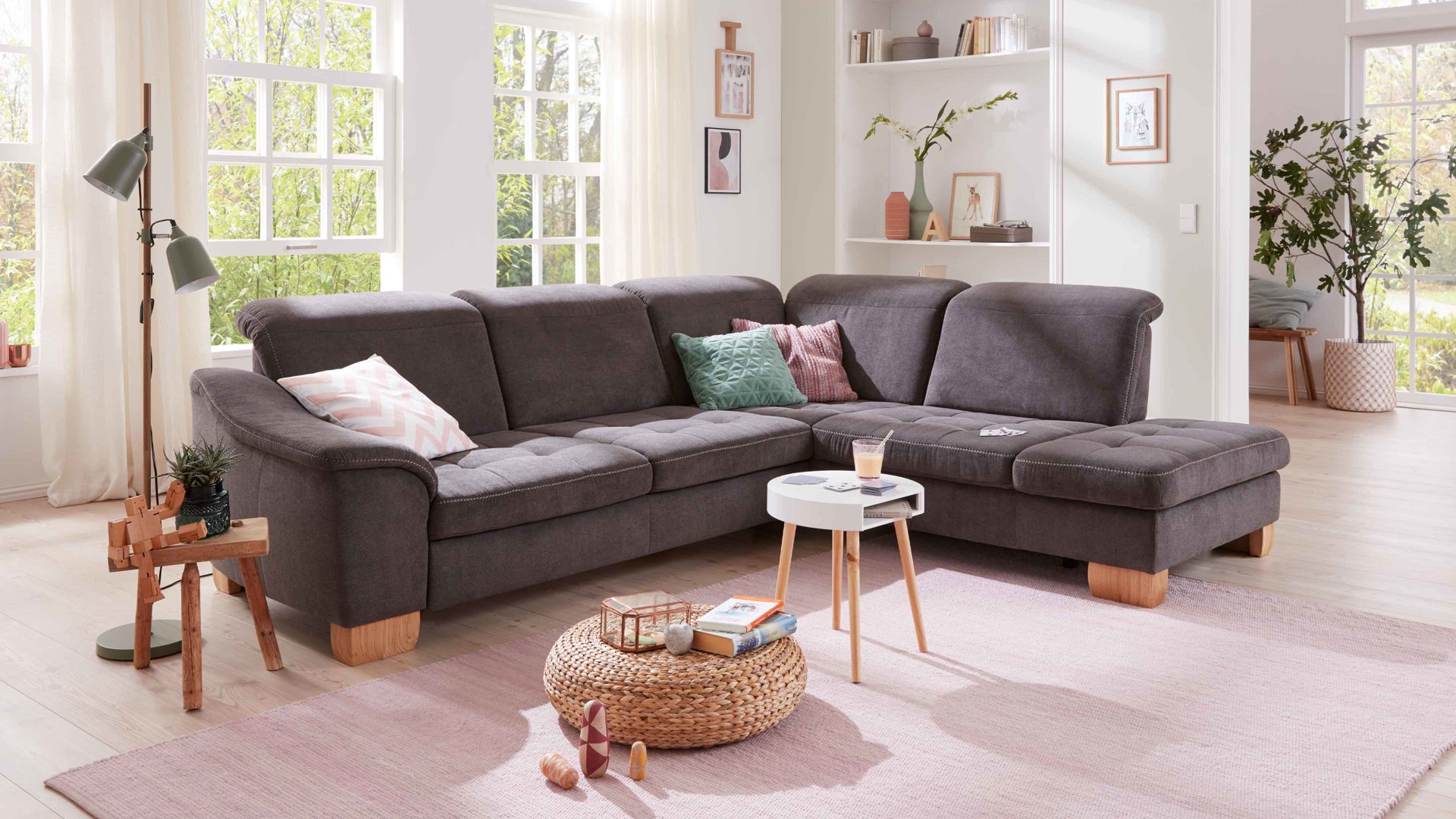 Ecksofa modulmaster aus Stoff in Grau Modulmaster MM-PP1058 - Ecksofa schieferfarbene Mikro-Chenille Charly & Wildeiche – Stellfläche ca. 273 x 243 cm