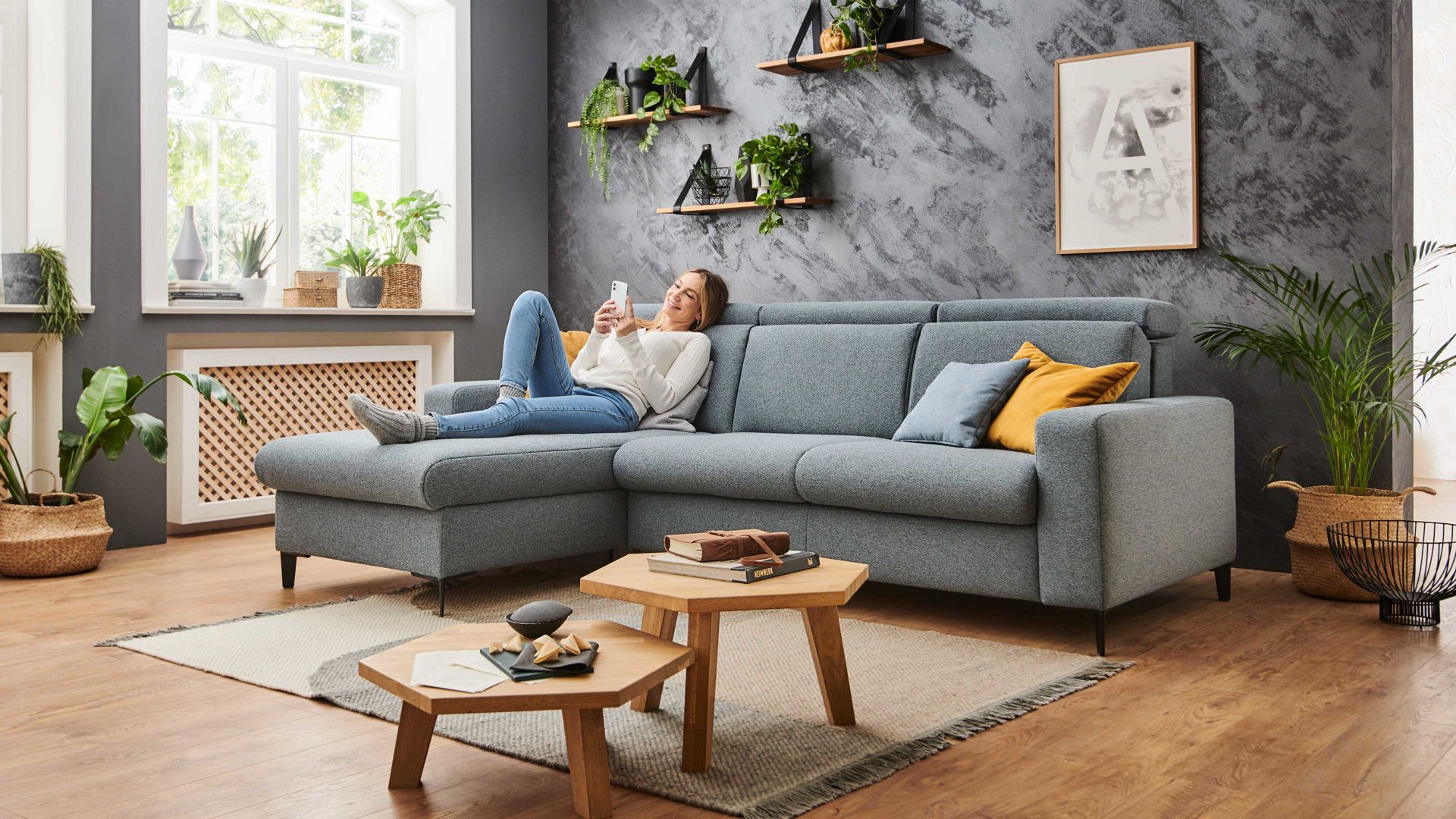 Ecksofa Poco | steinpol aus Stoff in Hellblau POCO Schlafsofa Westside Premium - Ecksofa mit Schlaffunktion blaugraues Flachgewebe Portofino, Breite ca. 262 cm