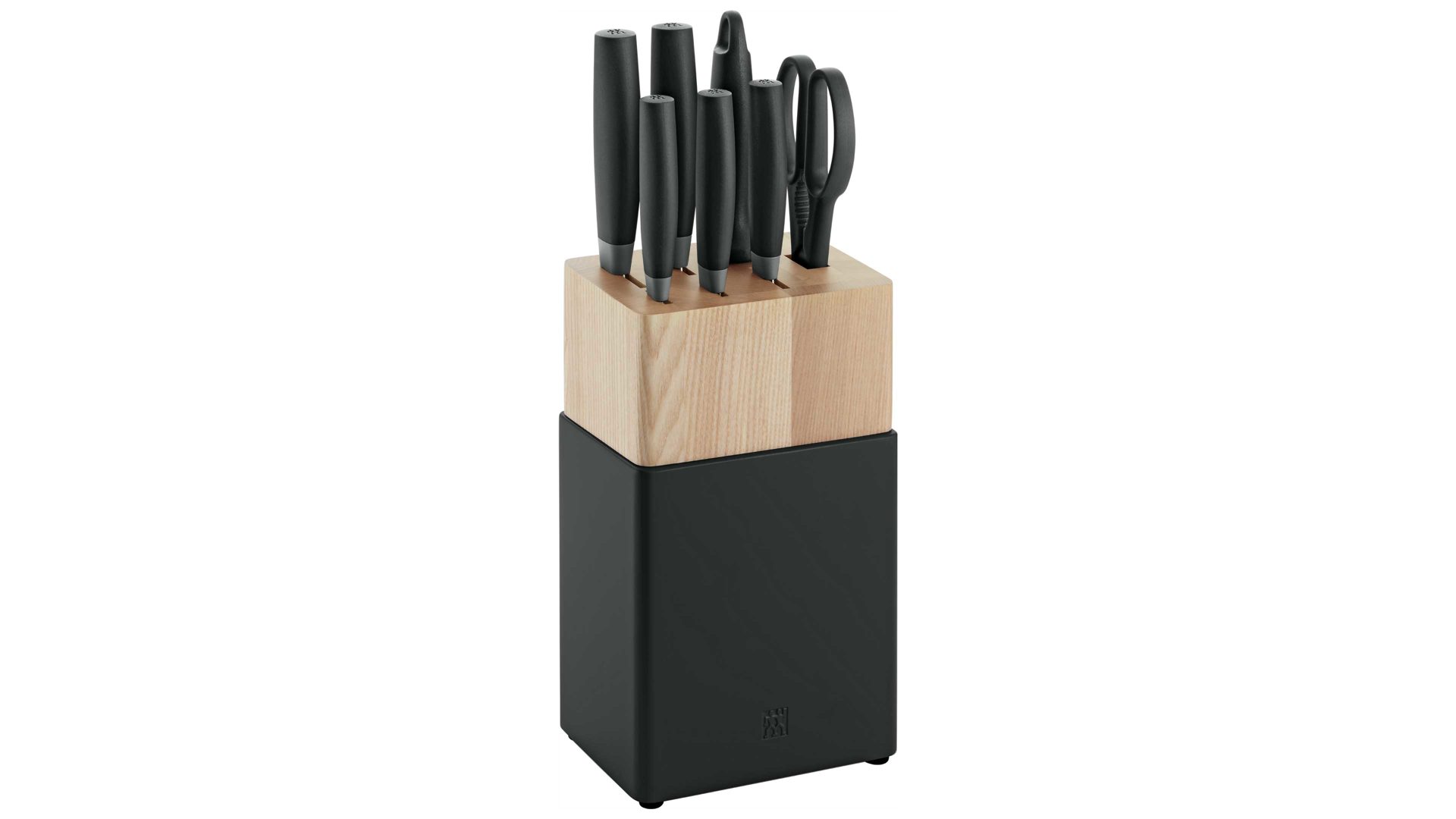 Messerblock Interliving BEST BUDDYS! aus Metall in Schwarz ZWILLING® Messerblock NOW S Mattschwarz & helles Holz – siebenteilig