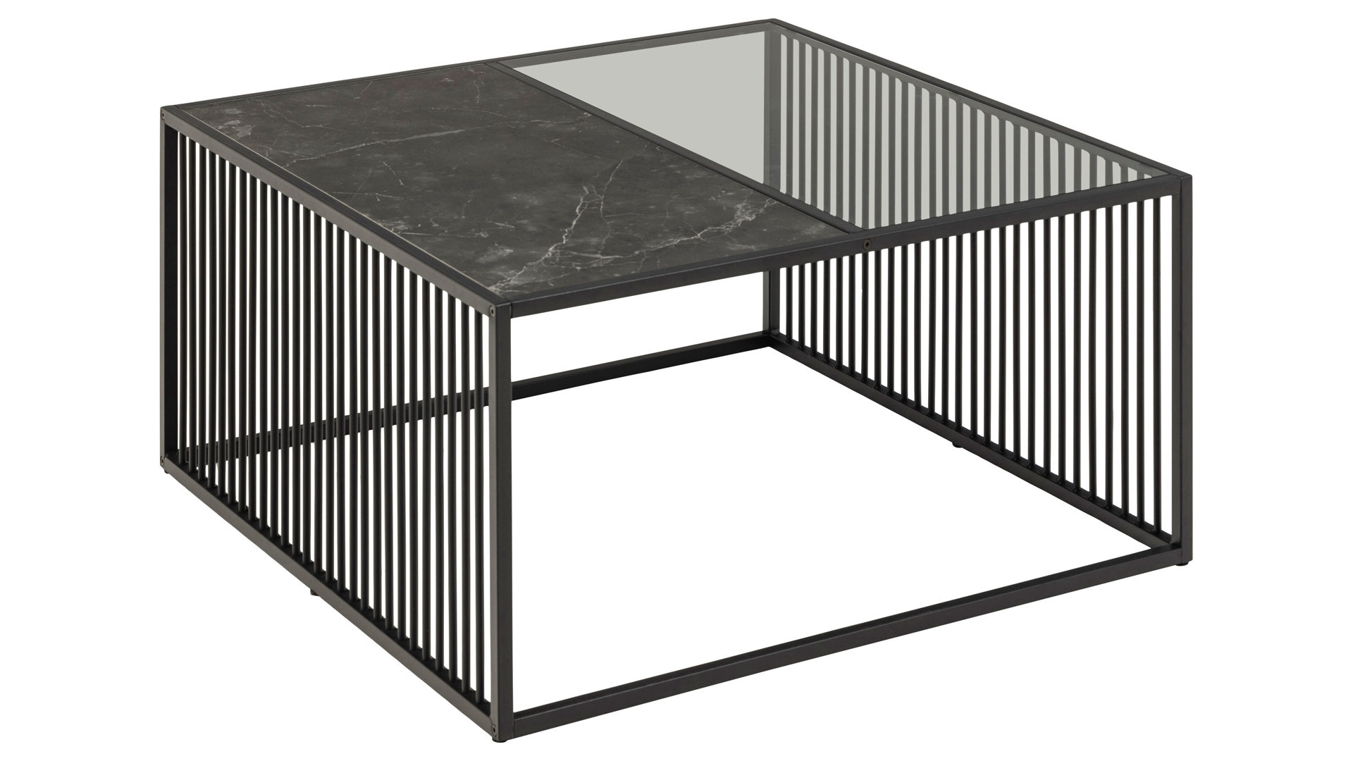 Couchtisch Actona group a/s aus MDF in Schwarz Couchtisch Strington rauchfarbenes Glas & schwarze Marmoroptik, schwarzes Metallgestell - ca. 80 x 80 cm