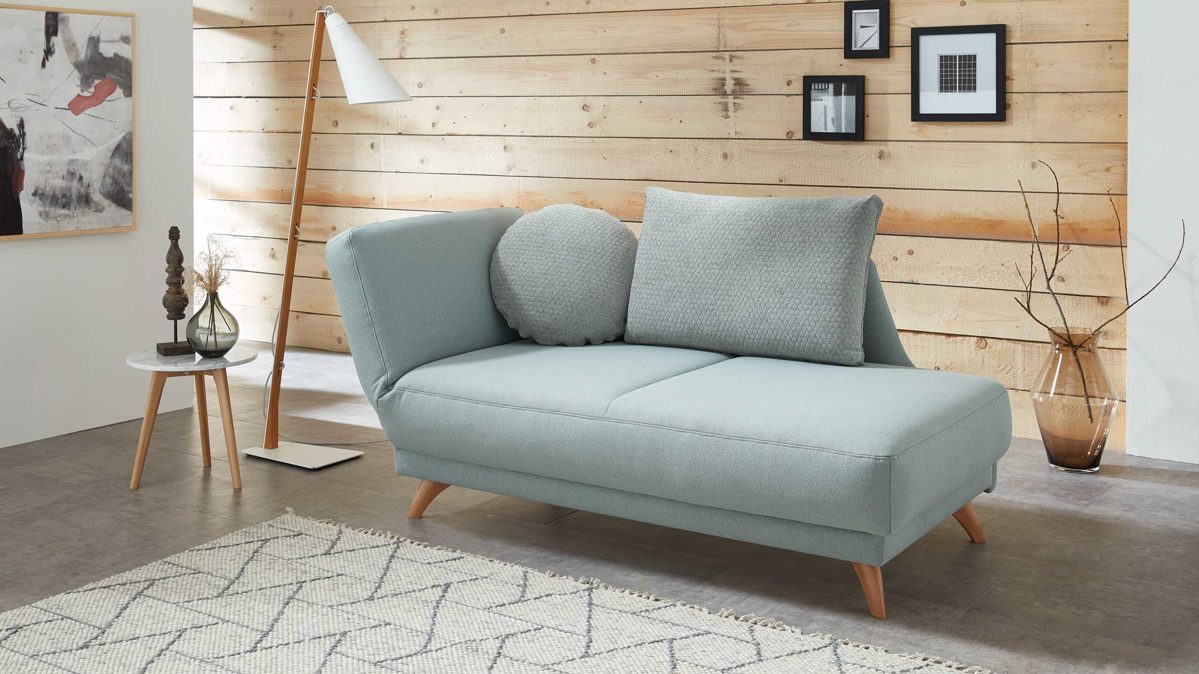 Schlafsofa Bali aus Holz Stoff in Mint BALI Schlafsofa Recamiere ESTHER Armlehne links klappbar, Liegefläche ca. 80 x 200 cm, mit Bettkasten