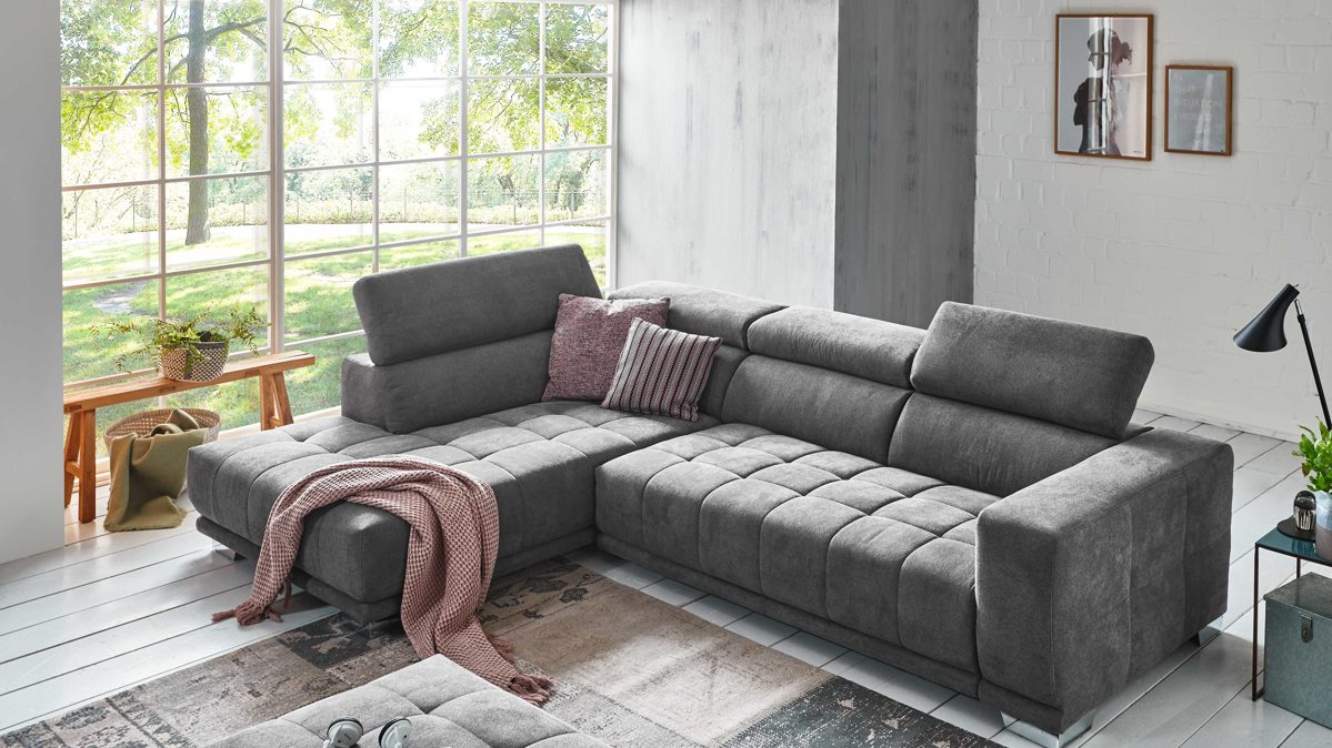 Ecksofa KAWOO aus Stoff in Anthrazit KAWOO Serie 7587 - Ecksofa bzw. Polstermöbel anthrazitfarbene Chenille XBO 9 – Stellfläche ca. 207 x 301 cm