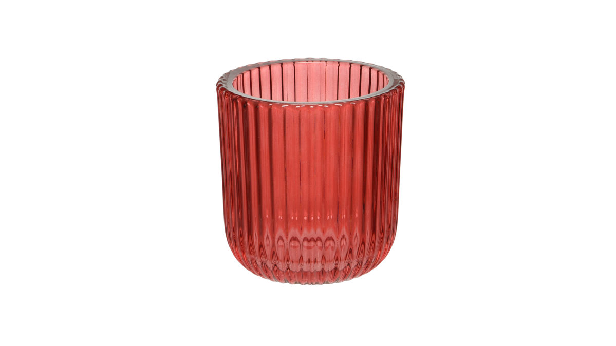 Kerzenständer Kaemingk aus Glas in Rot Teelichtglas Weihnachtsrot schmal geriffelt - Höhe ca. 9 cm