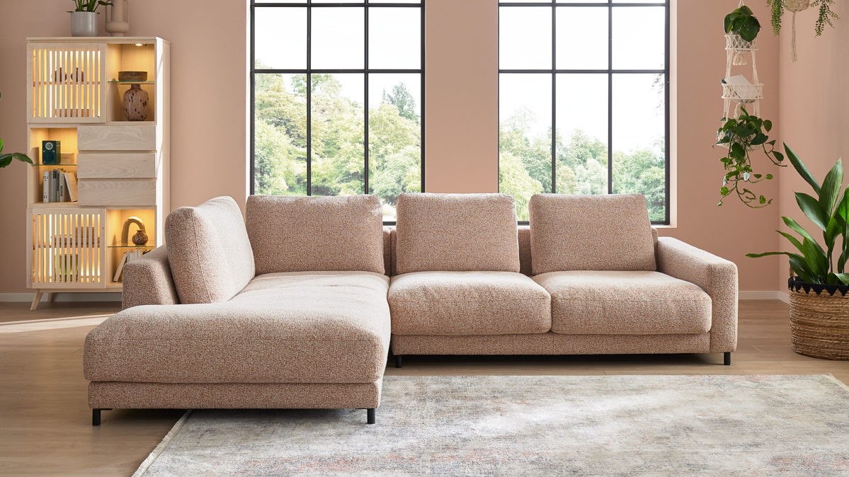 Ecksofa Roomio® aus Stoff in Rosa Roomio® No. 4103 - Ecksofa rostfarben melierter Bezug Donna & Metallfüße 1116 MFSM - Stellfläche ca.  223 x 302 cm