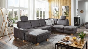 Ecksofa modulmaster aus Stoff in Dunkelgrau Modulmaster Wohnlandschaft MM-ZE1037 graue Mikrofaser Taurus & Holzfüße – Stellfläche ca. 313 x 235 cm