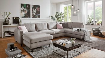 Ecksofa modulmaster aus Stoff in Hellgrau Modulmaster Ecksofa in U-Form MM-MP1086 granitfarbene Chenille Nemo & schwarze Metallfüße - Stellfläche ca. 346 x 200 cm