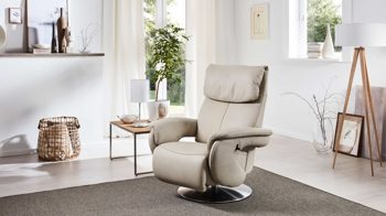 Relaxsessel comfortmaster besser sitzen, liegen, leben aus Leder in Weiß Comfortmaster 7304 - Easy-Swing-Sessel 31N nebelfarbenes LongLife-Leder Rustika & edelstahlfarbener Tellerfuß