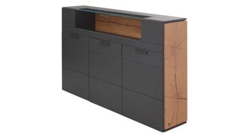 Highboard Interliving aus Holz in Dunkelgrau Interliving Wohnzimmer Serie 2023 - Highboard 3840 Carbongrau & Hirnholz - drei Türen, eine Klappe, Breite ca. 182 cm