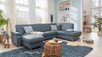 Ecksofa modulmaster aus Leder in Hellblau Modulmaster MM-PN1059 - Wohnlandschaft stahlblaues Leder Belvita & Metallfüße – Stellfläche ca. 322 x 210 cm