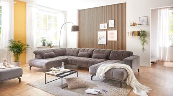 Ecksofa modulmaster aus Stoff in Grau Modulmaster MM-MP1152 - Wohnlandschaft grauer Stoffbezug Salsa & schwarze Metallfüße - Stellfläche ca. 212 x 383 cm