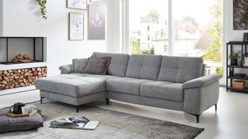 Ecksofa COMFORT SMART aus Stoff in Hellgrau COMFORT SMART Viva - Ecksofa frostgraues Flachgewebe Famous & schwarze Metallfüße - Stellfläche ca. 162 x 296 cm