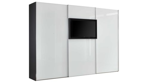 Kleiderschrank Staud aus Glas in Weiß STAUD Schwebetürenschrank Media Flat mit TV-Nische Alpinweiß & Vulkan – drei Türen, Breite ca. 336 cm