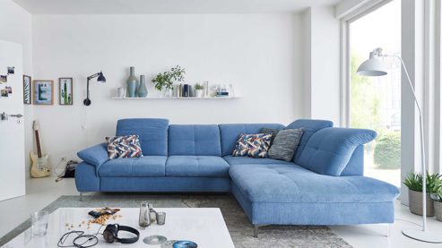 Ecksofa KAWOO aus Stoff in Blau KAWOO Serie 7178 - Ecksofa bzw. Polsterecke mit Funktionen eisblaue Chenille XBO-26 – Stellfläche ca. 319 x 240 cm