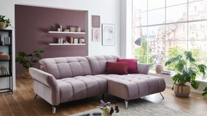 Ecksofa KAWOO aus Stoff in Lila KAWOO Serie Braga - Ecksofa fliederfarbene Maschenware Riveria & Chromfüße – Stellfläche ca. 244 x 173 cm