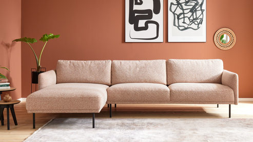 Ecksofa Roomio® aus Stoff in Rosa Roomio® No. 4104 - Ecksofa rostfarben melierter Bezug Donna & Metallfüße 1116 MFSM - Stellfläche ca.  154 x 279 cm