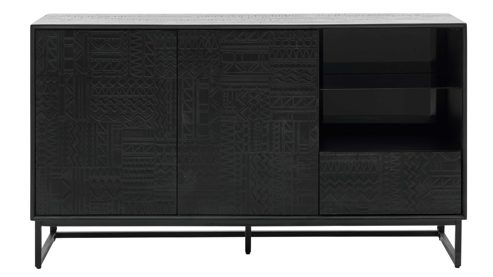 Vitrine Roomio® aus Holz in Schwarz Roomio No. 2001 - Sideboard schwarzes Mangoholz - zwei Türen, eine Schublade, Länge ca. 140 cm