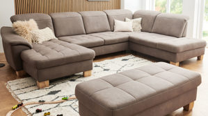 Ecksofa modulmaster aus Stoff in Braun Modulmaster MM-PP1188 - Wohnlandschaft nougatbraune Mikrofaser Mammut & geölte Wildeiche - Stellfläche ca. 243 x 341 cm