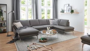 Ecksofa modulmaster aus Leder in Grau Modulmaster MM-PN1184 - Wohnlandschaft steingraues Leder Vivre & glänzende Metallfüße - Stellfläche ca. 333 x 208 cm